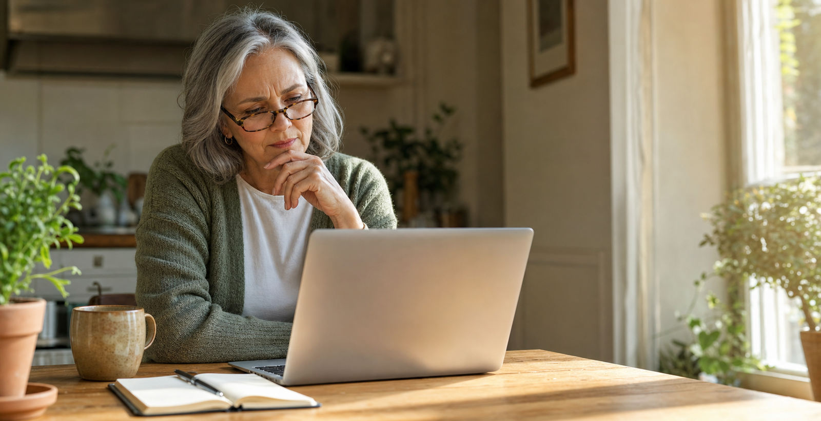 Older woman in glasses at a sunlit kitchen table reading her laptop with a thoughtful, slightly skeptical expression, notebook and mug beside her
