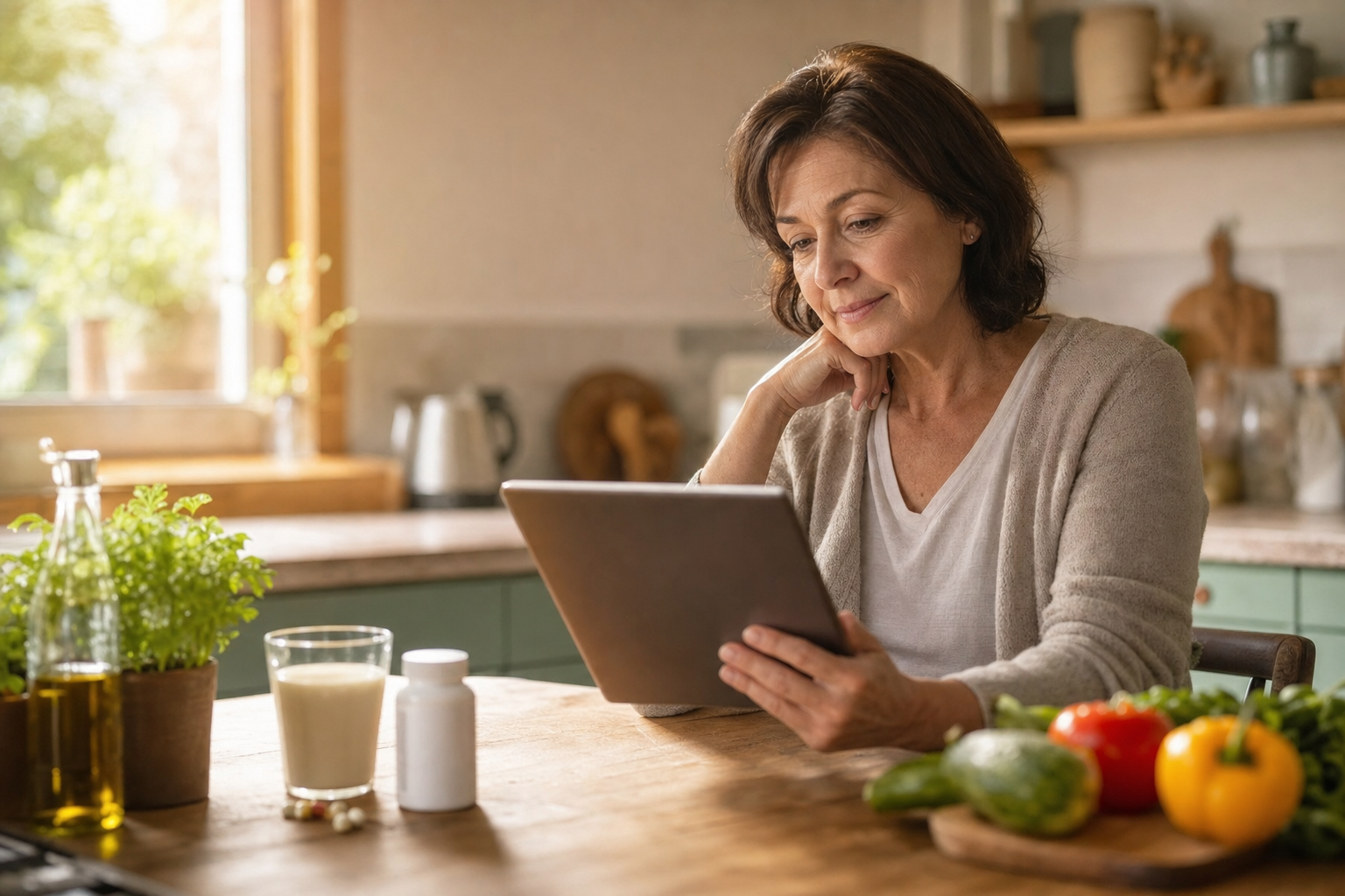 A woman in her fifties sitting at a sunny kitchen table reading a tablet, with supplements and fresh vegetables visible nearby
