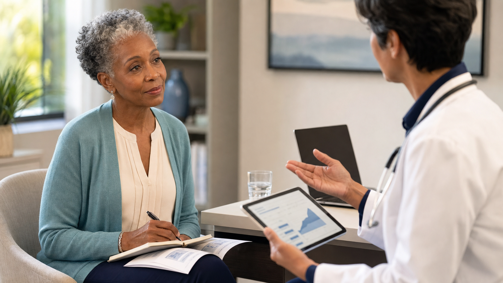 An older Black woman with silver and black hair, wearing a teal cardigan, sitting across from her physician in a sunlit exam room as they review her DEXA report together