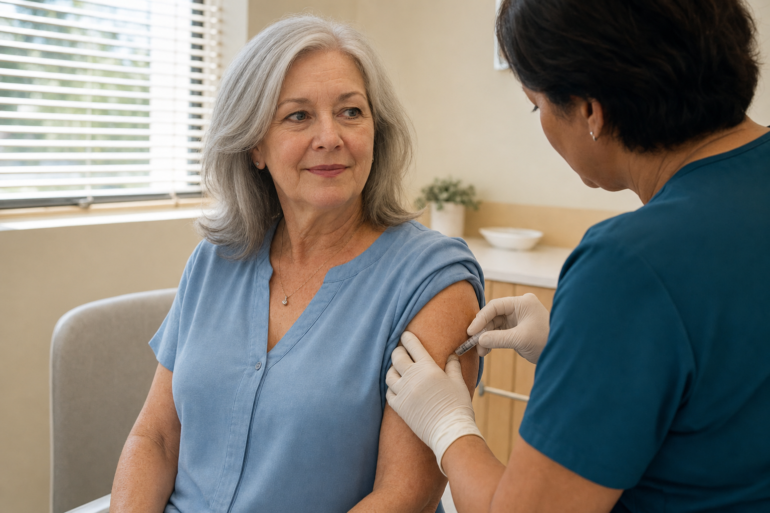 Nurse giving an injection in the back of a woman’s upper arm in a bright exam room