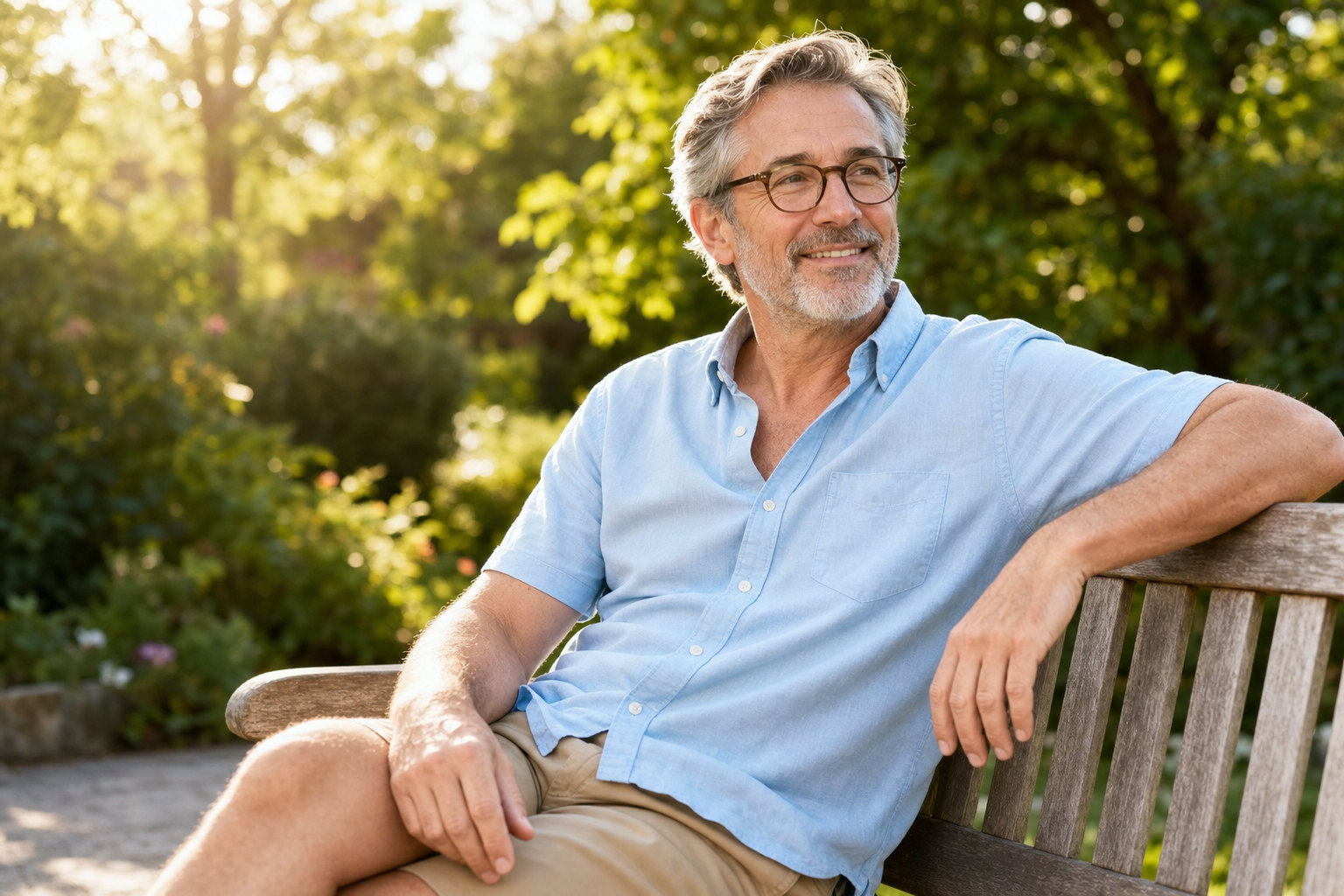 A man in his fifties sitting on a wooden garden bench in warm afternoon sunlight, wearing shorts and a short-sleeve shirt, with bare arms and legs exposed to the sun